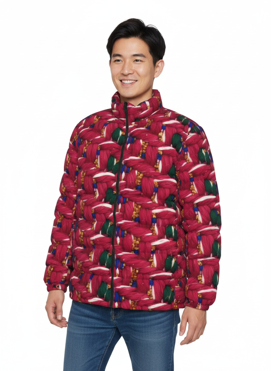 054 NISHIKIx Tweed Print Unisex Stand Collar Slim Down Jacket - Rose