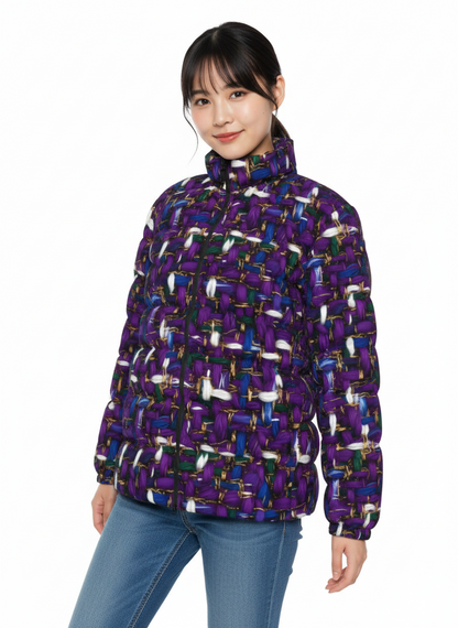 055 NISHIKIx Tweed Print Unisex Stand Collar Slim Down Jacket - Purple