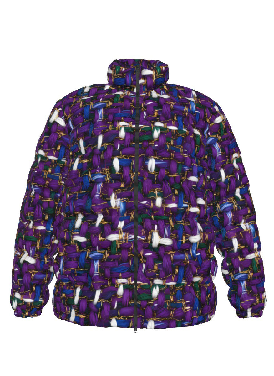 055 NISHIKIx Tweed Print Unisex Stand Collar Slim Down Jacket - Purple