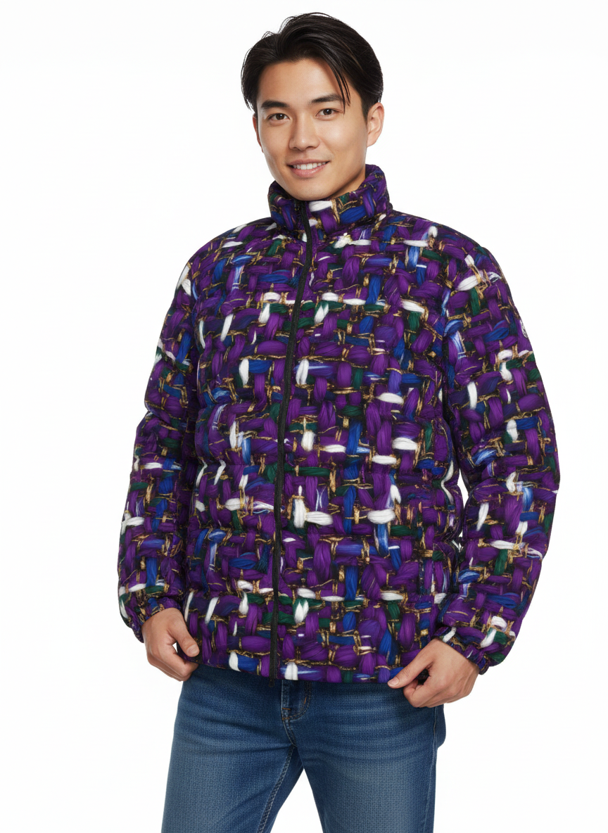 055 NISHIKIx Tweed Print Unisex Stand Collar Slim Down Jacket - Purple