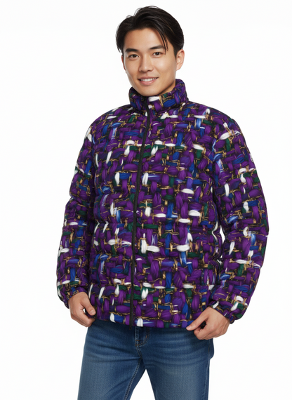 055 NISHIKIx Tweed Print Unisex Stand Collar Slim Down Jacket - Purple