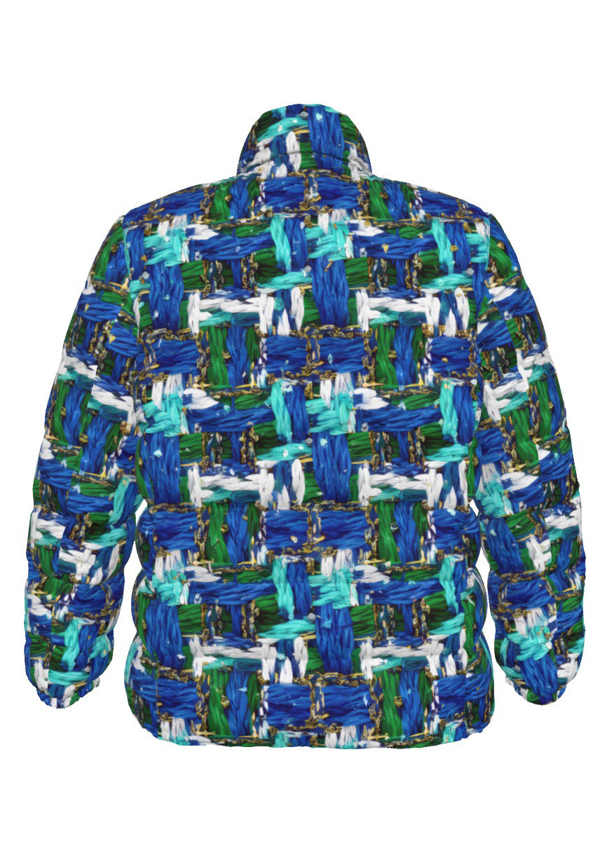 056 NISHIKIx Tweed Print Unisex Stand Collar Slim Down Jacket - Blue Green