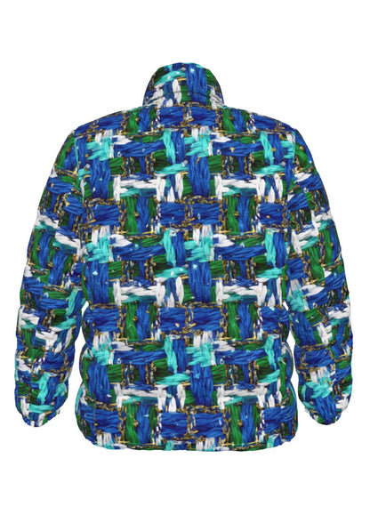 056 NISHIKIx Tweed Print Unisex Stand Collar Slim Down Jacket - Blue Green