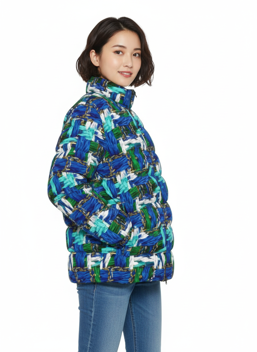 056 NISHIKIx Tweed Print Unisex Stand Collar Slim Down Jacket - Blue Green