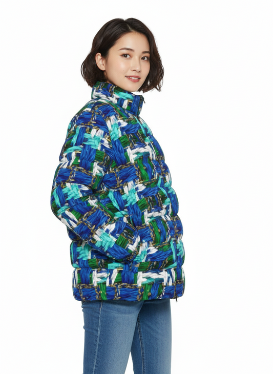 056 NISHIKIx Tweed Print Unisex Stand Collar Slim Down Jacket - Blue Green
