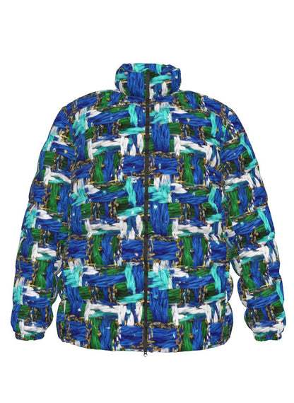 056 NISHIKIx Tweed Print Unisex Stand Collar Slim Down Jacket - Blue Green
