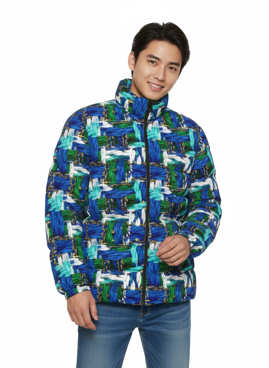 056 NISHIKIx Tweed Print Unisex Stand Collar Slim Down Jacket - Blue Green