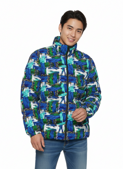 056 NISHIKIx Tweed Print Unisex Stand Collar Slim Down Jacket - Blue Green