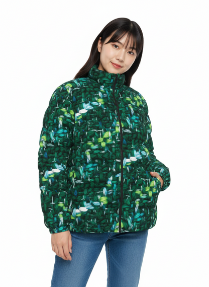 057 NISHIKIx Tweed Print Unisex Stand Collar Slim Down Jacket - Peacock Green