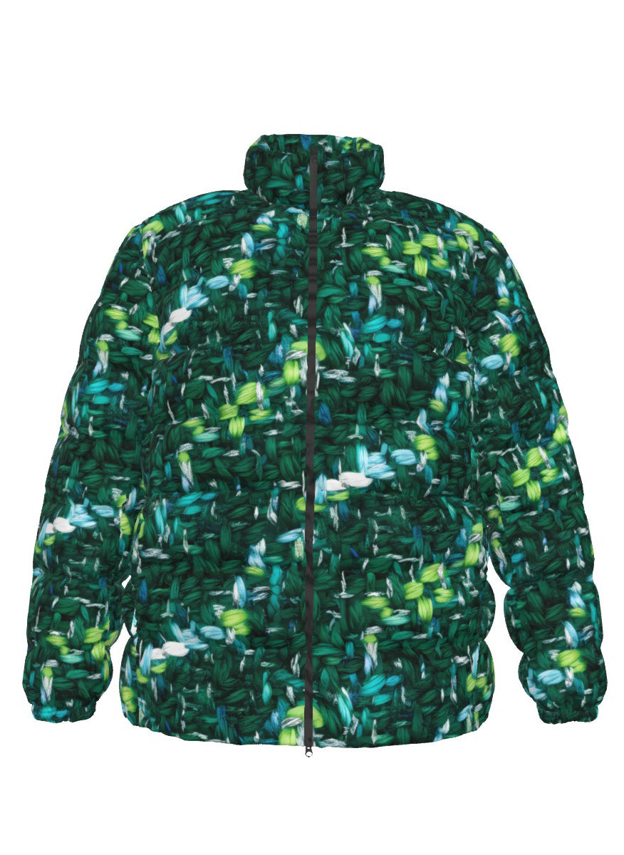 057 NISHIKIx Tweed Print Unisex Stand Collar Slim Down Jacket - Peacock Green