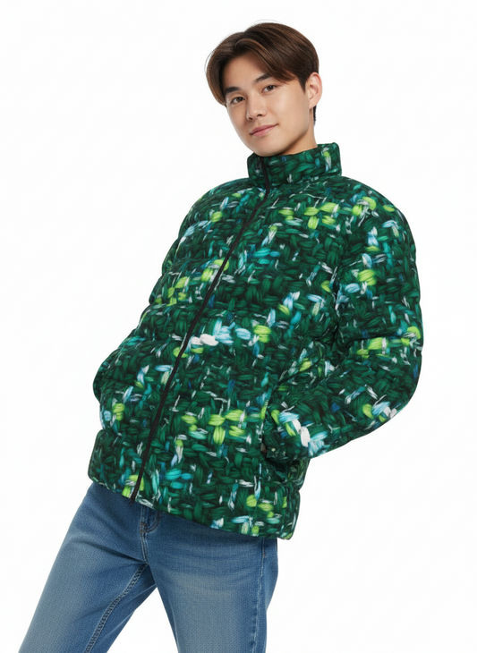 057 NISHIKIx Tweed Print Unisex Stand Collar Slim Down Jacket - Peacock Green