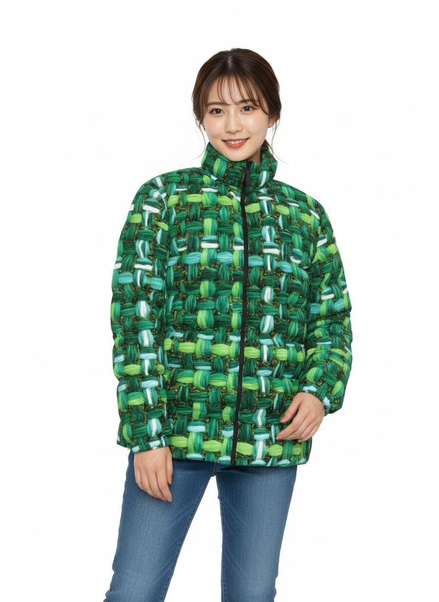 058 NISHIKIx Tweed Print Unisex Stand Collar Slim Down Jacket - Emerald Green
