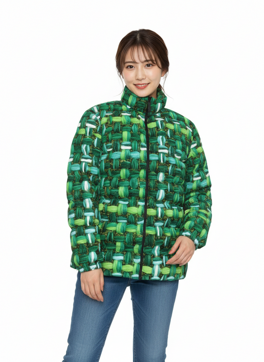 058 NISHIKIx Tweed Print Unisex Stand Collar Slim Down Jacket - Emerald Green