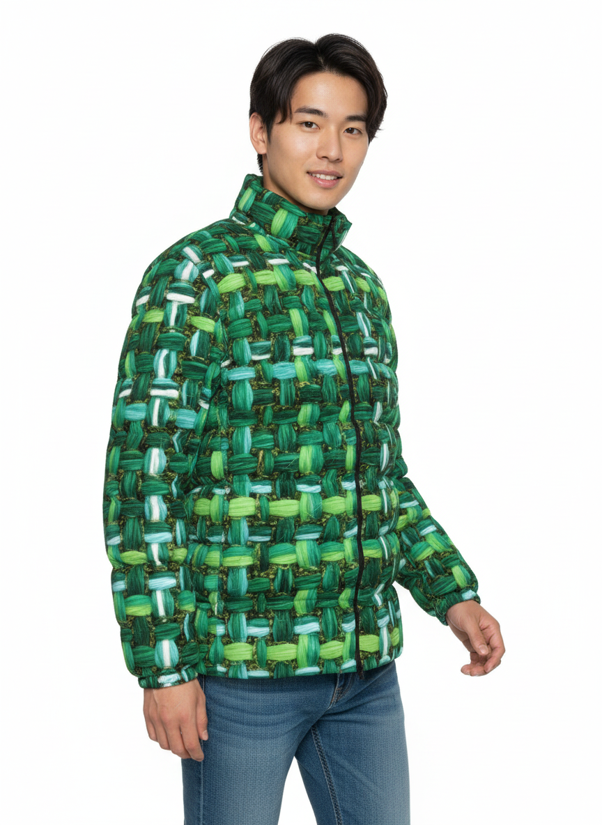 058 NISHIKIx Tweed Print Unisex Stand Collar Slim Down Jacket - Emerald Green