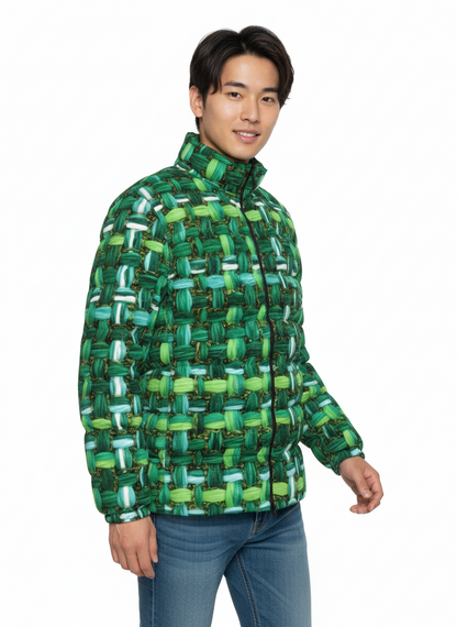 058 NISHIKIx Tweed Print Unisex Stand Collar Slim Down Jacket - Emerald Green