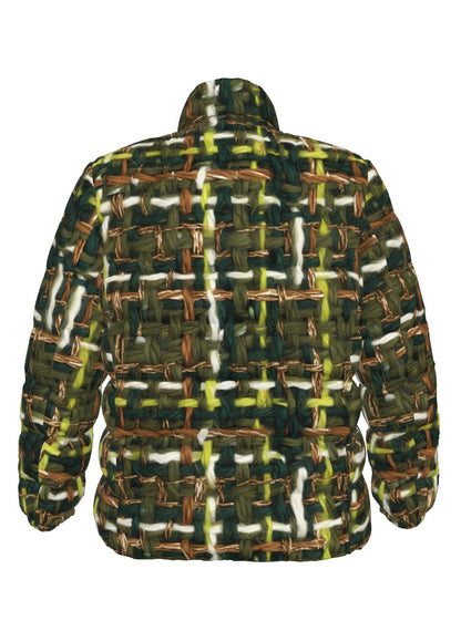 059 NISHIKIx Tweed Print Unisex Stand Collar Slim Down Jacket - Olive Green