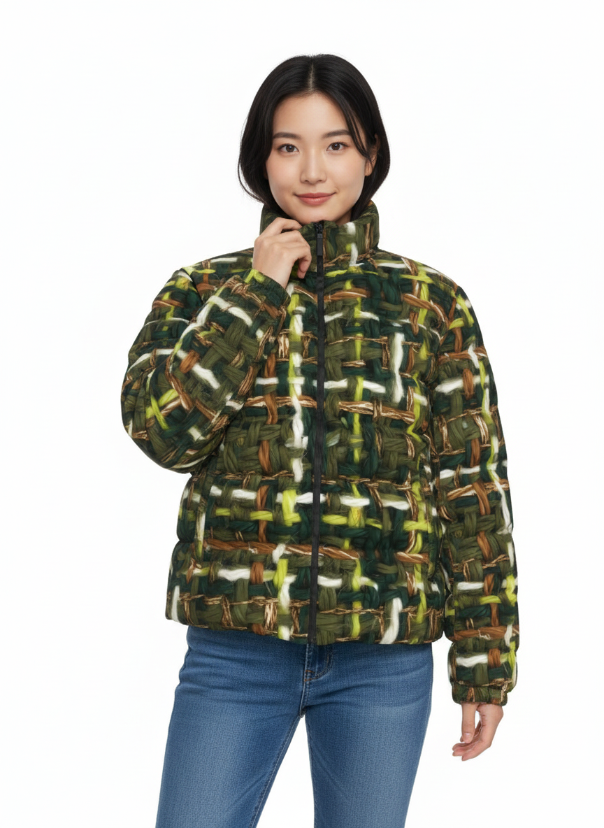 059 NISHIKIx Tweed Print Unisex Stand Collar Slim Down Jacket - Olive Green