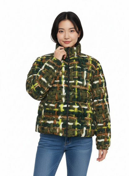 059 NISHIKIx Tweed Print Unisex Stand Collar Slim Down Jacket - Olive Green