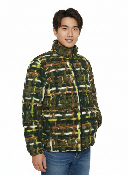 059 NISHIKIx Tweed Print Unisex Stand Collar Slim Down Jacket - Olive Green