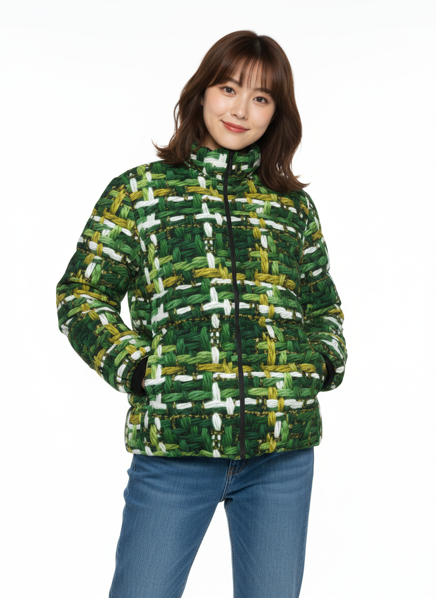 060 NISHIKIx Tweed Print Unisex Stand Collar Slim Down Jacket - Sap Green