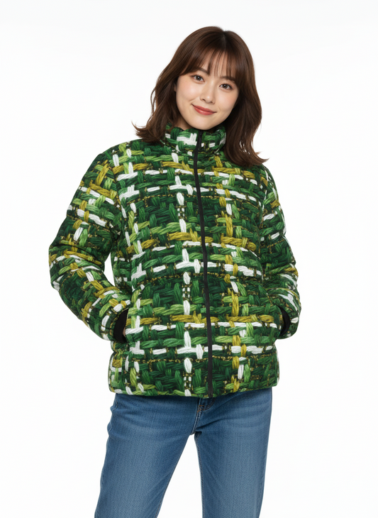 060 NISHIKIx Tweed Print Unisex Stand Collar Slim Down Jacket - Sap Green
