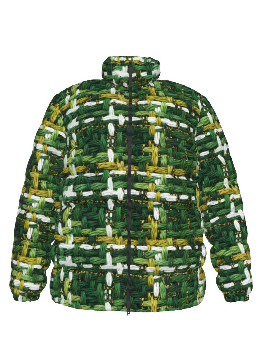 060 NISHIKIx Tweed Print Unisex Stand Collar Slim Down Jacket - Sap Green