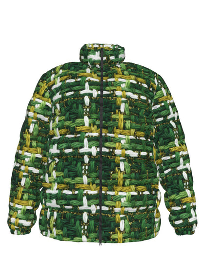 060 NISHIKIx Tweed Print Unisex Stand Collar Slim Down Jacket - Sap Green