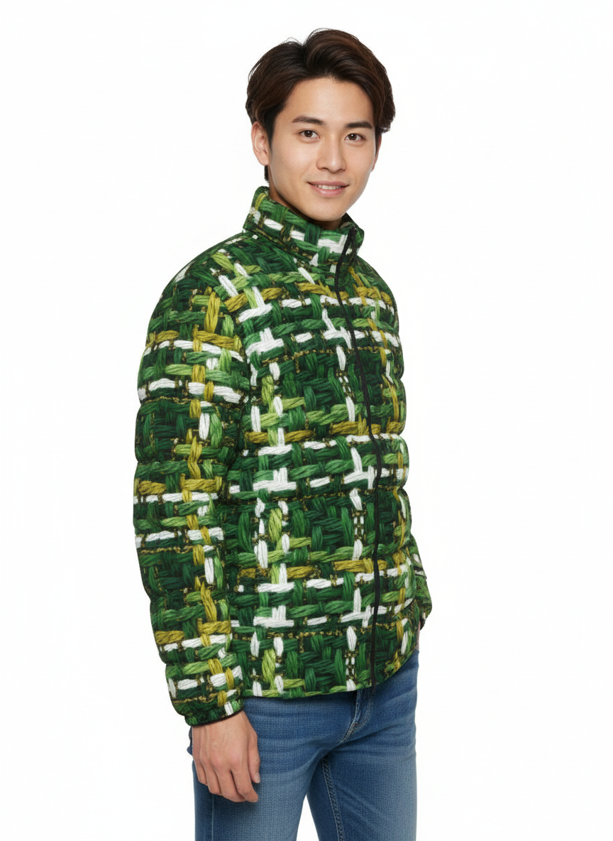 060 NISHIKIx Tweed Print Unisex Stand Collar Slim Down Jacket - Sap Green