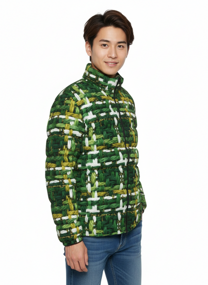 060 NISHIKIx Tweed Print Unisex Stand Collar Slim Down Jacket - Sap Green