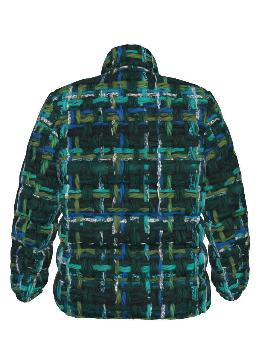 061 NISHIKIx Tweed Print Unisex Stand Collar Slim Down Jacket - Green Deep