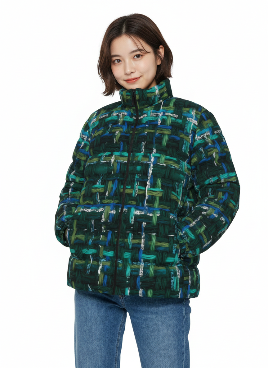 061 NISHIKIx Tweed Print Unisex Stand Collar Slim Down Jacket - Green Deep