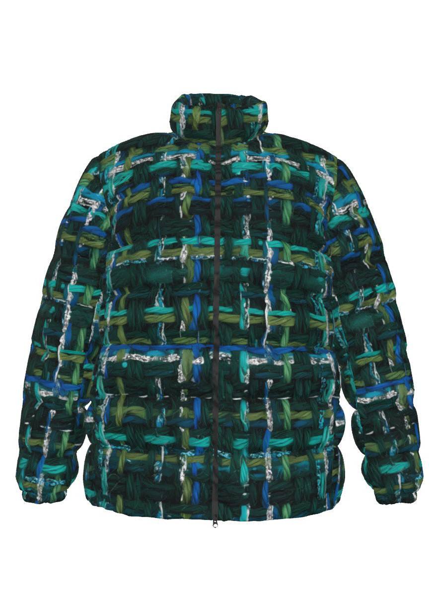 061 NISHIKIx Tweed Print Unisex Stand Collar Slim Down Jacket - Green Deep