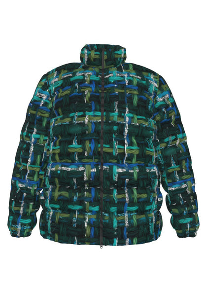 061 NISHIKIx Tweed Print Unisex Stand Collar Slim Down Jacket - Green Deep