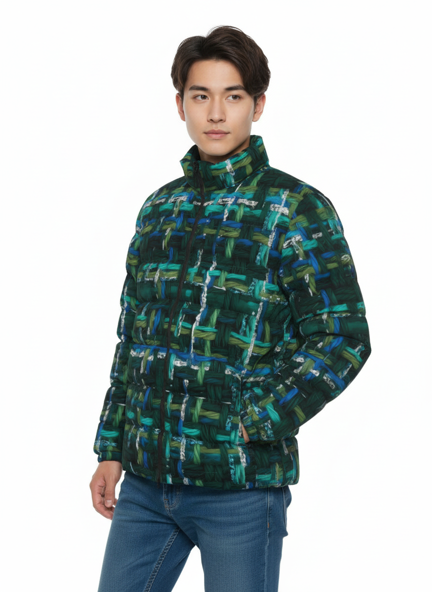 061 NISHIKIx Tweed Print Unisex Stand Collar Slim Down Jacket - Green Deep