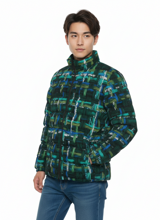 061 NISHIKIx Tweed Print Unisex Stand Collar Slim Down Jacket - Green Deep