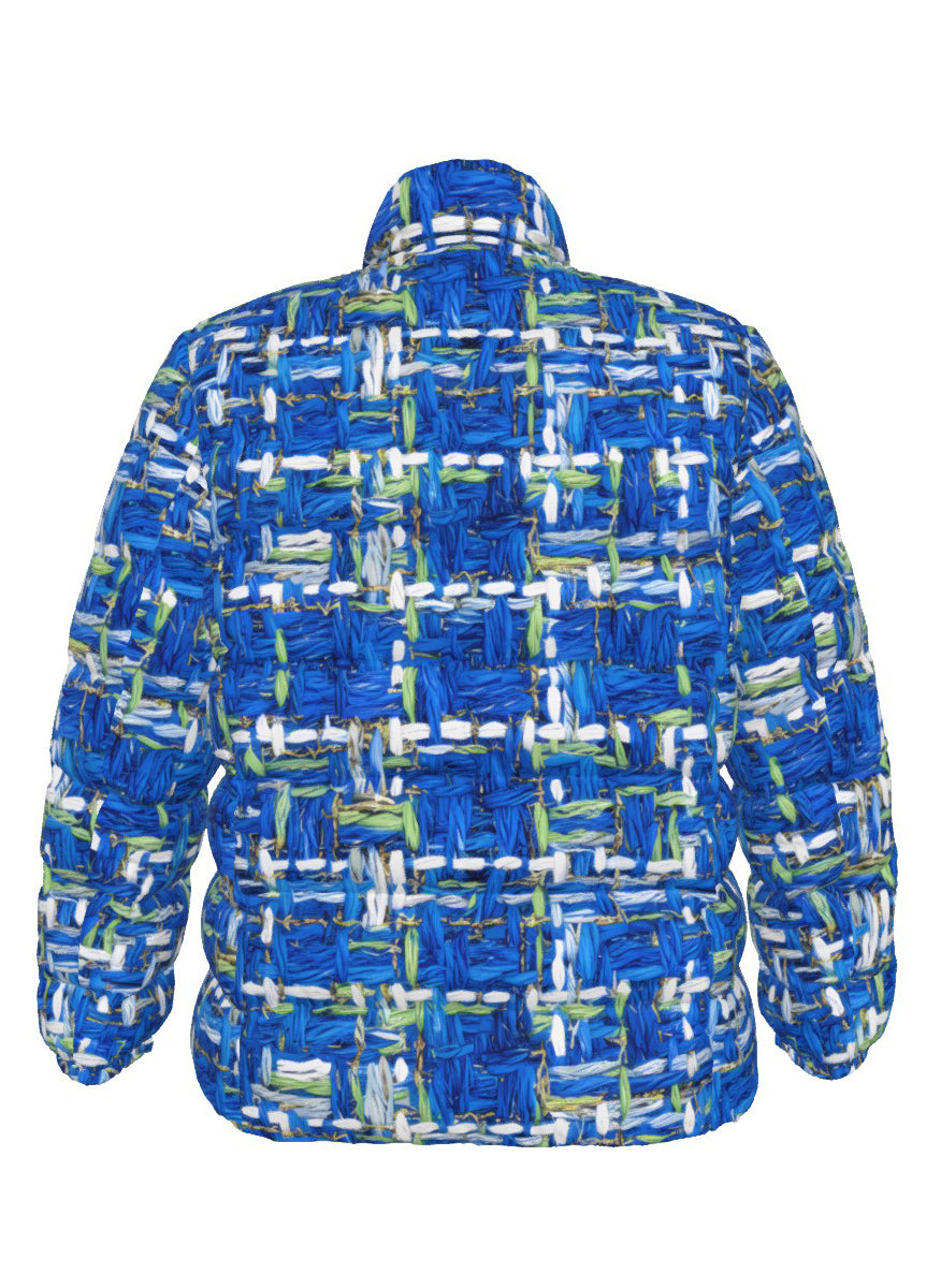 062 NISHIKIx Tweed Print Unisex Stand Collar Slim Down Jacket - Cerulean Blue