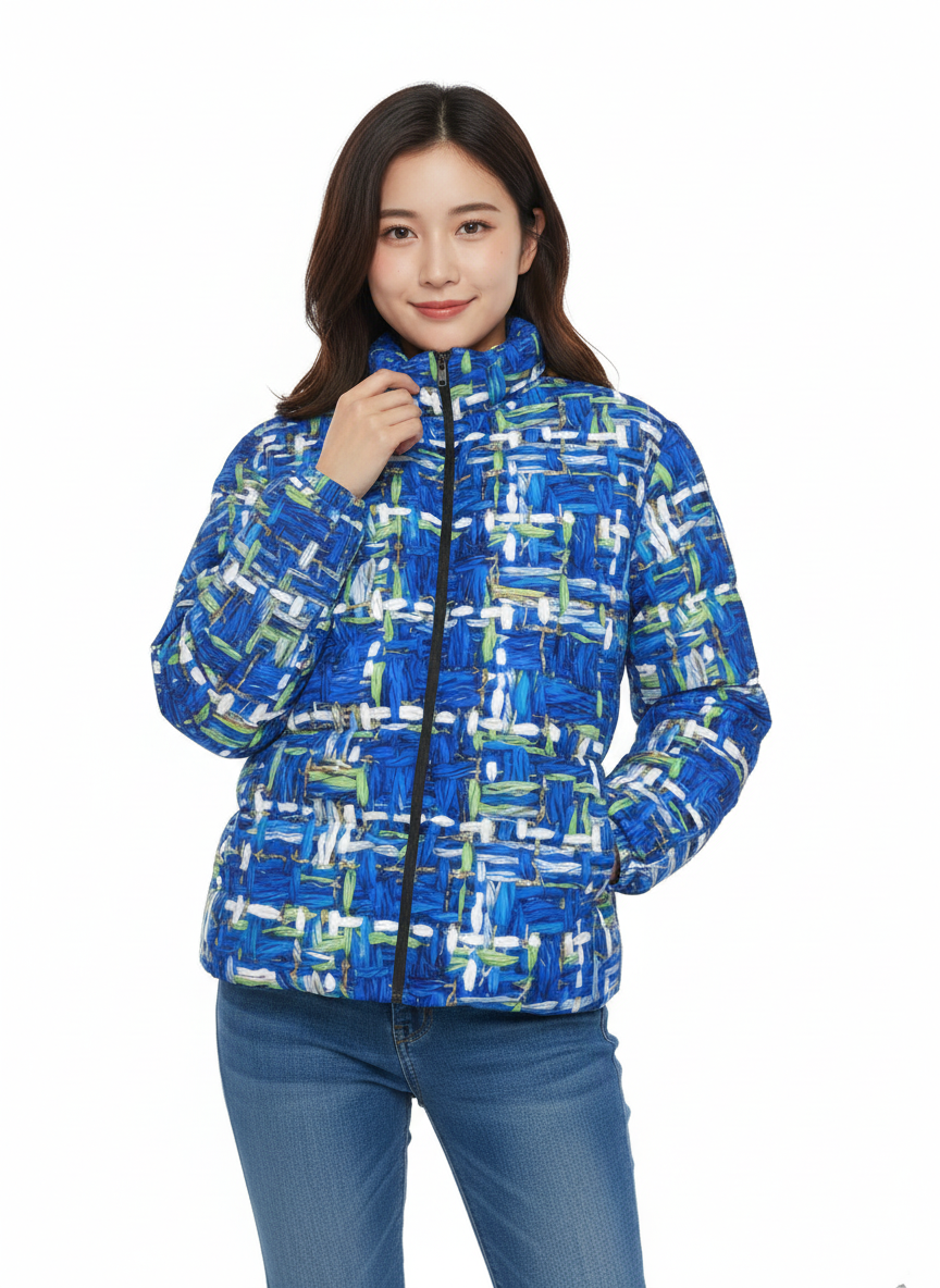 062 NISHIKIx Tweed Print Unisex Stand Collar Slim Down Jacket - Cerulean Blue