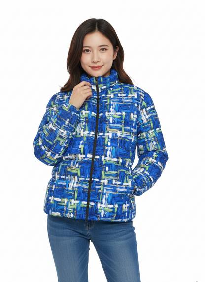 062 NISHIKIx Tweed Print Unisex Stand Collar Slim Down Jacket - Cerulean Blue