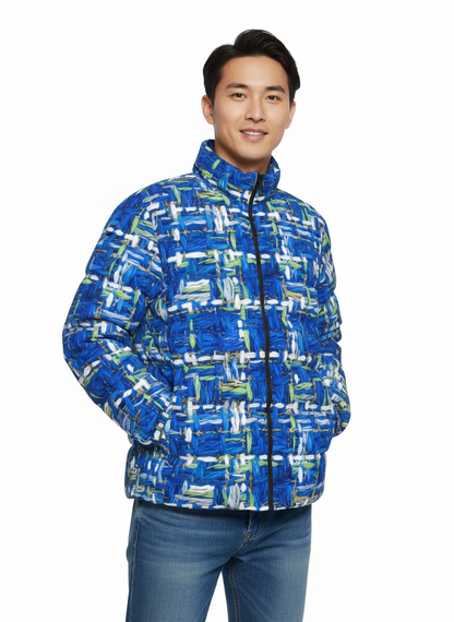 062 NISHIKIx Tweed Print Unisex Stand Collar Slim Down Jacket - Cerulean Blue