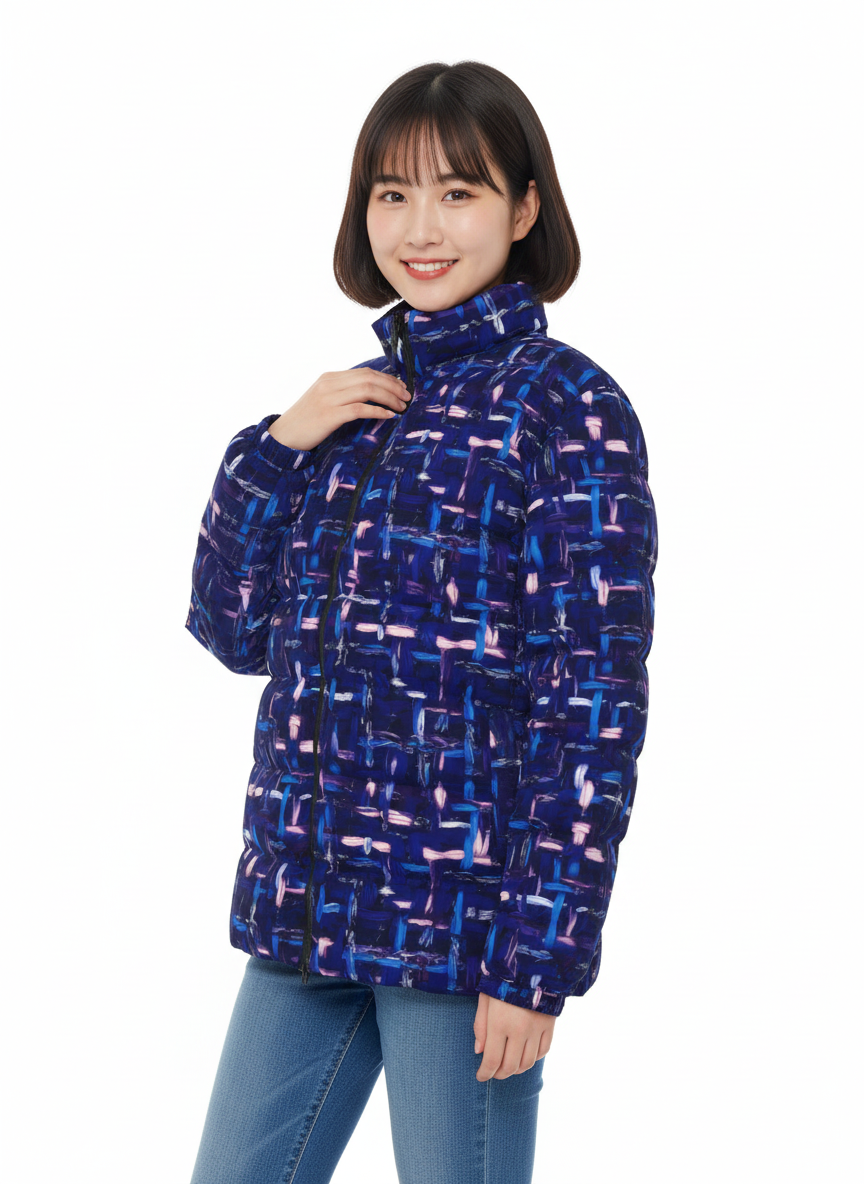 063 NISHIKIx Tweed Print Unisex Stand Collar Slim Down Jacket - Indigo