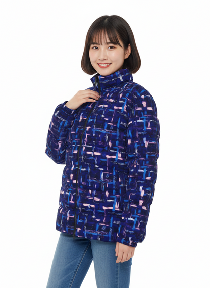 063 NISHIKIx Tweed Print Unisex Stand Collar Slim Down Jacket - Indigo