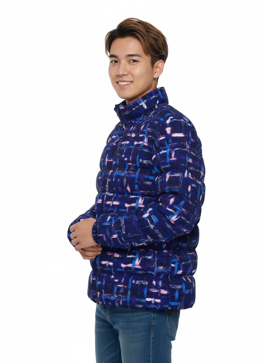 063 NISHIKIx Tweed Print Unisex Stand Collar Slim Down Jacket - Indigo