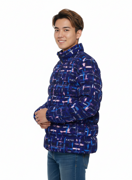 063 NISHIKIx Tweed Print Unisex Stand Collar Slim Down Jacket - Indigo