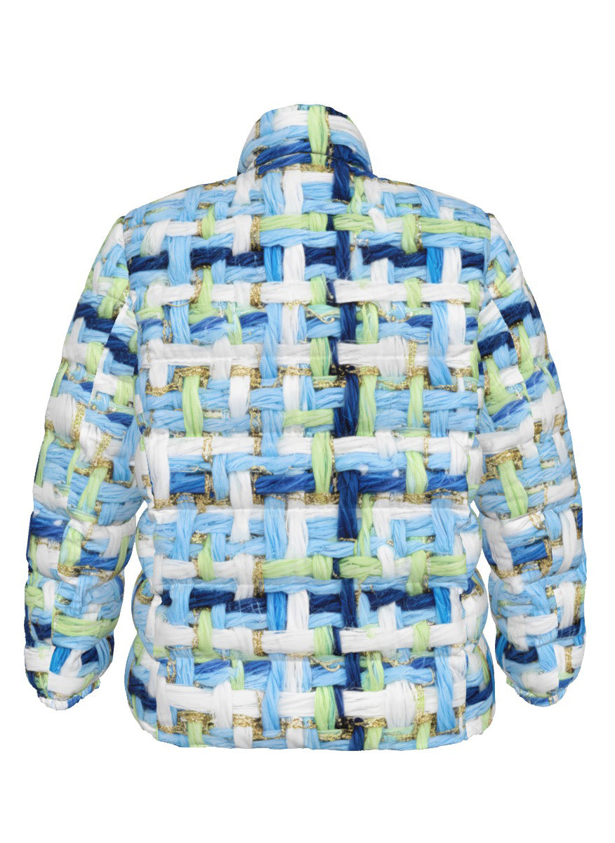 064 NISHIKIx Tweed Print Unisex Stand Collar Slim Down Jacket - Light Blue