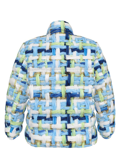064 NISHIKIx Tweed Print Unisex Stand Collar Slim Down Jacket - Light Blue