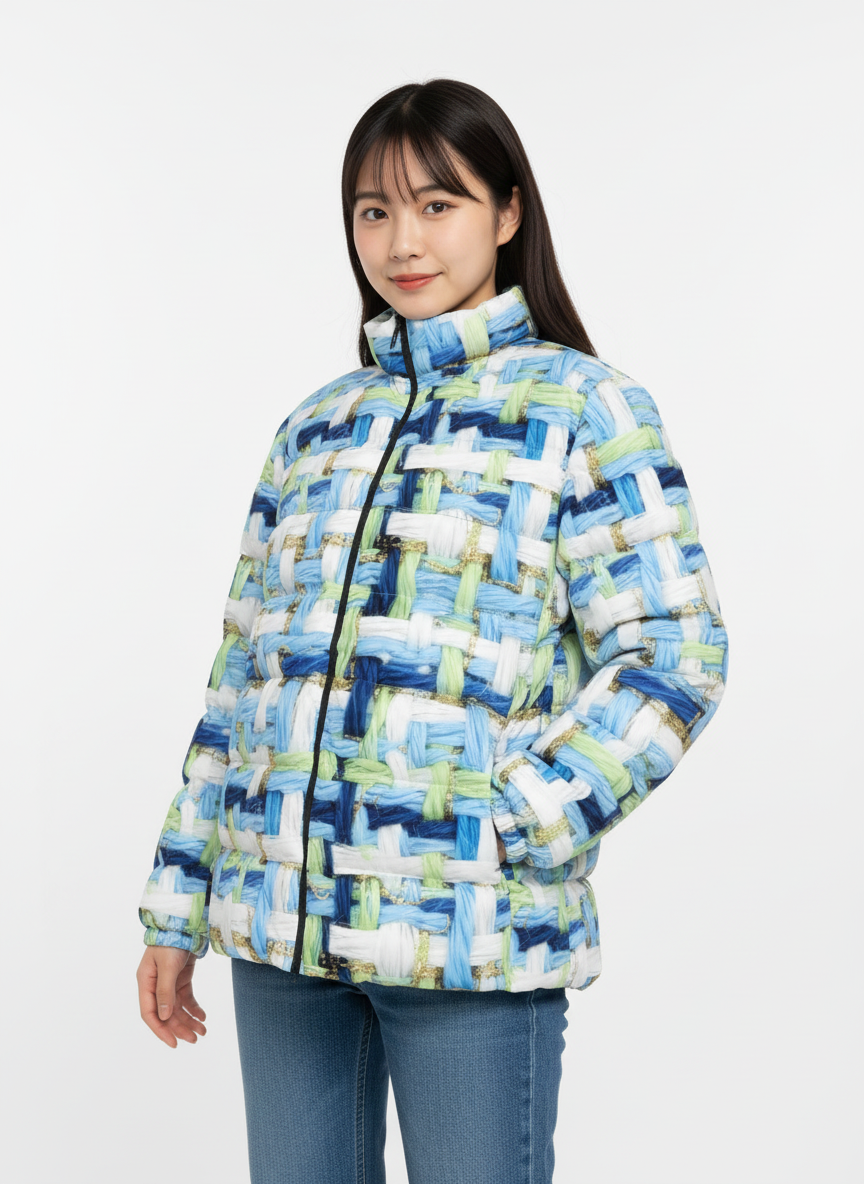 064 NISHIKIx Tweed Print Unisex Stand Collar Slim Down Jacket - Light Blue