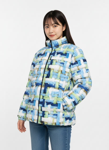 064 NISHIKIx Tweed Print Unisex Stand Collar Slim Down Jacket - Light Blue