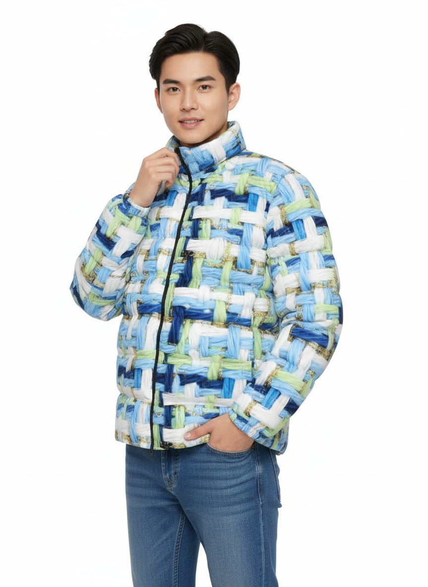064 NISHIKIx Tweed Print Unisex Stand Collar Slim Down Jacket - Light Blue