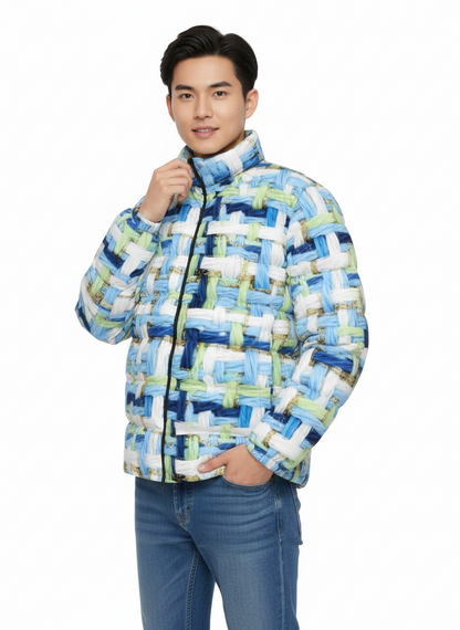 064 NISHIKIx Tweed Print Unisex Stand Collar Slim Down Jacket - Light Blue