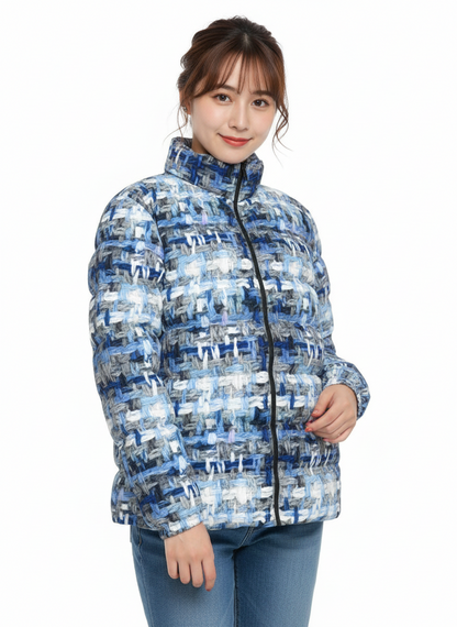 065 NISHIKIx Tweed Print Unisex Stand Collar Slim Down Jacket - Blue Gray